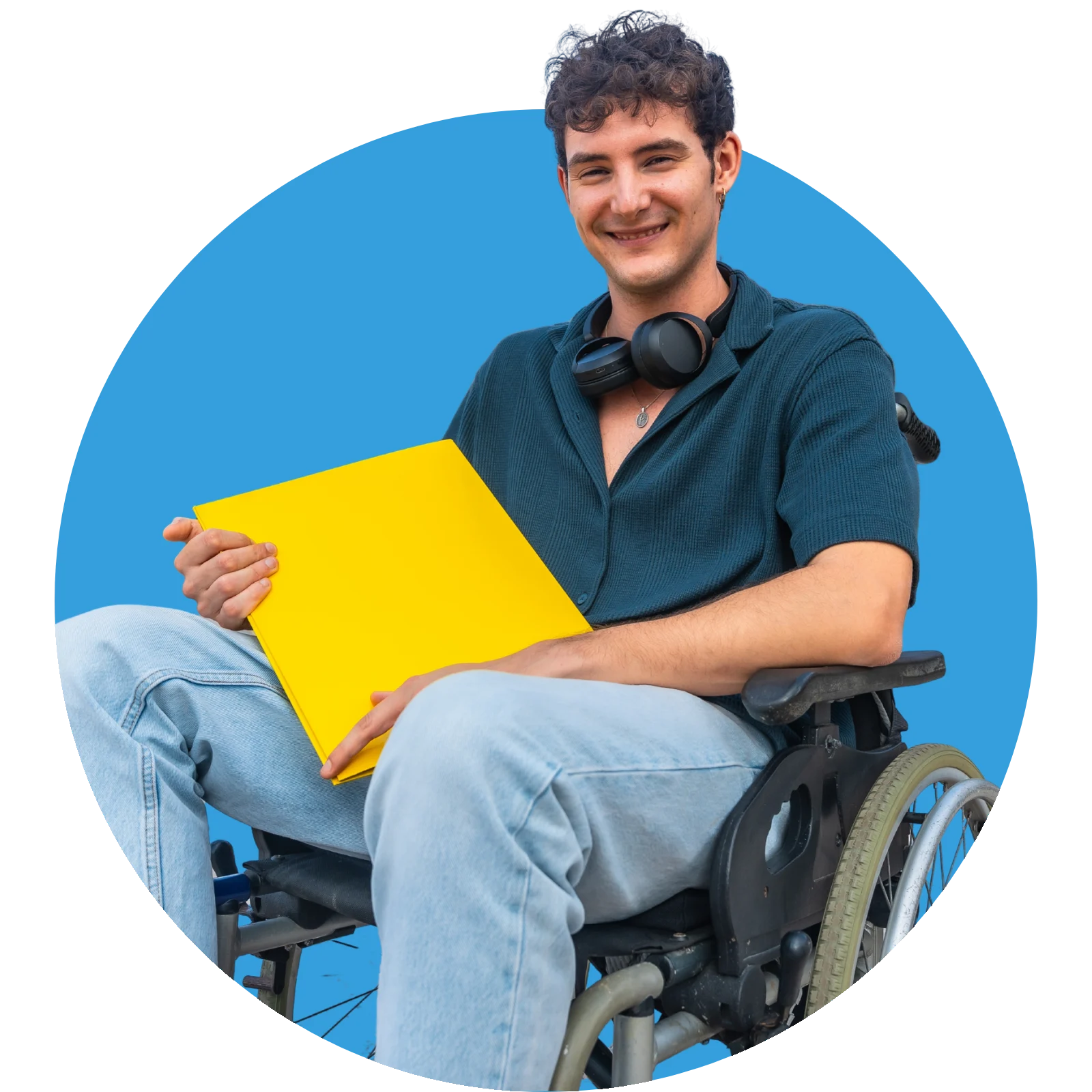 Disabled men on wheelchair holding a file
